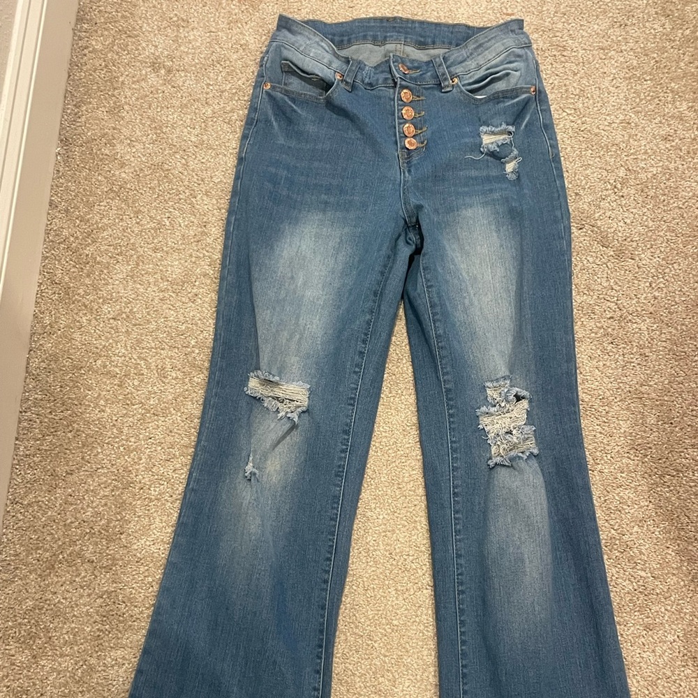 Stylish Distressed Blue Flare Jeans